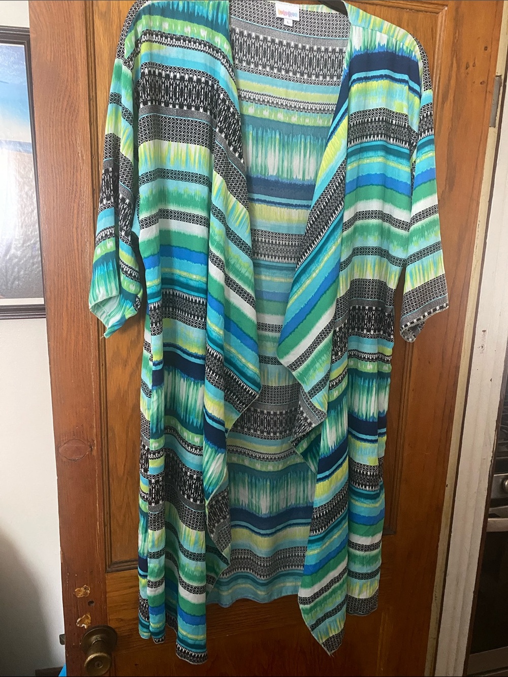 LuLaRoe Open-Front 3/4 Sleeve Kimono in Teal, Blue & Green Stripes